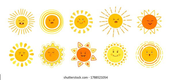 Sun flat set. Hand drawn cute suns. Funny yellow childish sunny emoticons collection. Smiling sun with sunbeams cartoon character. Emoji summer emoticons. Isolated vector illustration white background