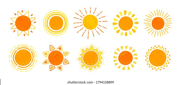 Sun flat set. Hand drawn cute suns. Funny  childish sunny collection. Yellow bright abstract sun with sunbeams cartoon summer. For poster, print, card or books. Isolated vector illustration