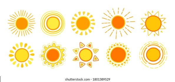 Sun flat set. Various hand drawn cute suns. Funny yellow childish sunny collection. Yellow bright abstract sun sunbeams cartoon summer. For poster, print, card or books. Isolated vector illustration