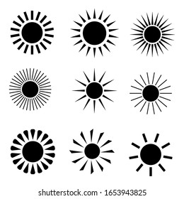 sun flat vector icon set isolated on white backgroundSun symbol collection. Flat black & white vector icon set. Sunlight signs. Weather forecast. Isolated object on white background