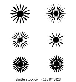 sun flat vector icon set isolated on white backgroundSun symbol collection. Flat black & white vector icon set. Sunlight signs. Weather forecast. Isolated object on white background