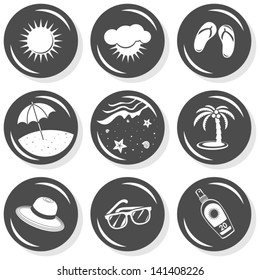 sun flip flops sunglasses beach palm tree hat sun protect seaside beach summer holidays monochrome gray button set with light shadow on white background vector isolated elements