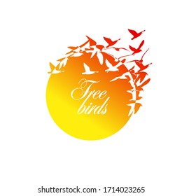 The sun with flock of birds. Round frame with birds. Vector illustration
