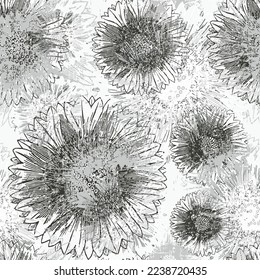 Sun Floral seamless pattern. Flower chrysanthemum sketch Chinese style black background. Flourish seamless texture with flowers.