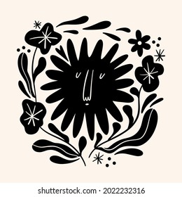 Sun flower art. Folk rural rustic fairytale style, hygge and lagom design. Nordic scandi decor elements.