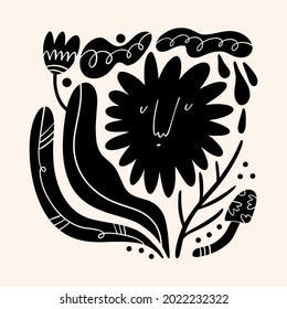 Sun flower art. Folk rural rustic fairytale style, hygge and lagom design. Nordic scandi decor elements.
