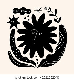 Sun flower art. Folk rural rustic fairytale style, hygge and lagom design. Nordic scandi decor elements.