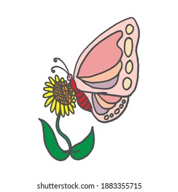 ilustración vectorial de flor y mariposa sobre fondo blanco. vector dibujado a mano.
