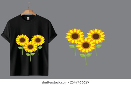 Design de camiseta preta da flor do sol. 
