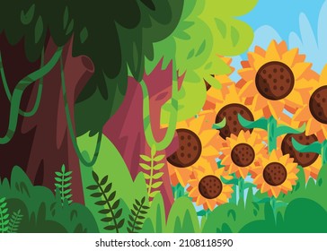 sun flower bloom in wild forest around trees and bush with bright sky scenery vector illustration cartoon drawing