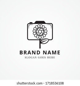 sun flower camera logo design template with black color isolated on grey white background.
