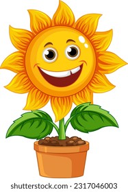 Sonnenkartoon auf dem Topf mit Smiley-Gesichtsgrafik