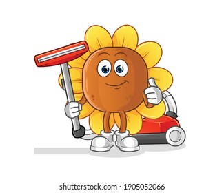 sun flower clean with a vacuum cleaner illustration. character vector