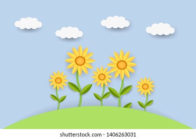 Sun flower and cloud . Paper art style , flat style vector illustration . 