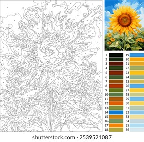 flor de sol, página para colorear por número para adulto, nivel avanzado con 36 colores de guía, pintura por número