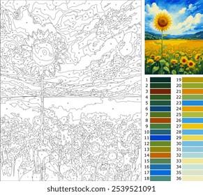 flor de sol, página para colorear por número para adulto, nivel avanzado con 36 colores de guía, pintura por número