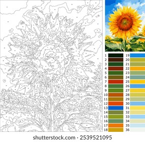 sun flower, coloring page by number for adult, Advance level with 36 colors guide, paint by number