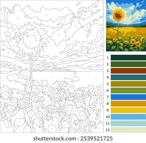 sun flower, coloring page by number for adult, beginner level with 12 colors guide