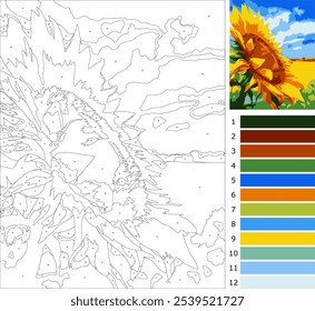 Flor de sol, Dibujo para colorear por número para adulto, Nivel principiante con 12 colores Guía