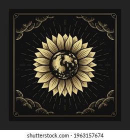 Sun flower with engraving, hand drawn, luxury, celestial, esoteric, boho style, fit for spiritualist, religious, paranormal, tarot reader, astrologer or tattoo vector