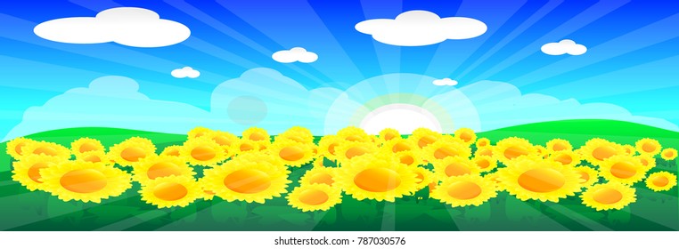 Sun flower field landscape vector art and illustration, blooming with green mountain and sun light ray and blue sky background, concept spring scene .