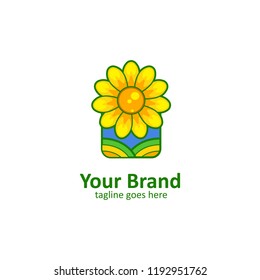 Sun flower field logo icon in square window frame yellow green style