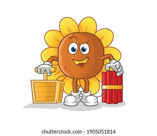 flor de sol con carácter detonador dinamita. vector de mascota de dibujos animados
