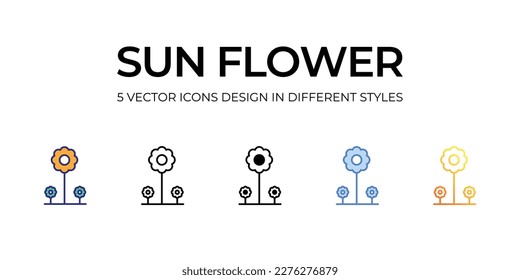 diseño de iconos de flor de sol en estilo Cinco con estilo de trazo editable. Línea, Sólido, Línea plana, Color de tono Duo y Línea de degradado de color. Adecuado para diseño de páginas Web, aplicaciones móviles, UI, UX y GUI.