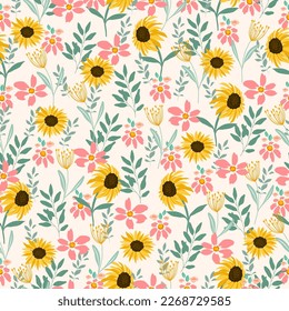 Sun flower and leaves pattern.flower and leaves seamless pattern.Design for printing, fabric ,cover book, fabric flower fashion ,packaging.Spring flower Season.Colourful season.