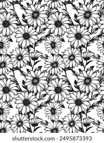 Flor de sol, arte de línea. patrón sin fisuras para decorar todos los diseños de moda, telas, Fondos de pantalla y estampados. sobre un fondo blanco.