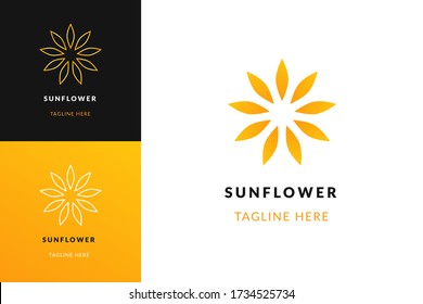 Sun flower logo. Sunflower logotype concept on gradient yellow black white background flat line style. Botanical icon for yoga, wellness spa, beauty companies. Vector illustration