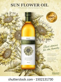 Sun flower oil ads in 3d illustration on elegant woodcut style sunflower garden background