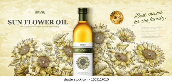 Sun flower oil ads in 3d illustration on elegant woodcut style sunflower garden