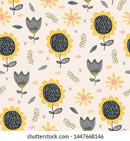 Sun flower pattern drawing background. Seamless hand drawn floral botanical design vector illustration for textile print.