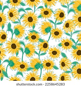 Sun flower pattern. Sun flower on white background seamless pattern.Design for printing, fabric ,cover book, fabric flower fashion ,packaging.Spring flower Season.Colourful season