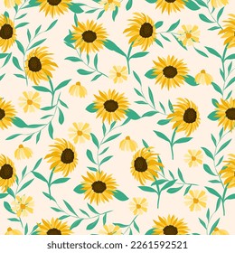 Sun flower pattern. Sun flower on white background seamless pattern.Design for printing, fabric ,cover book, fabric flower fashion ,packaging.Spring flower Season.Colourful season