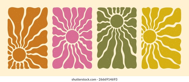 Sun and flower retro backgrounds in orange, pink, green, and yellow with groovy wave ray patterns. Abstract summer daisy-inspired design with vintage texture. Perfect for posters, prints, and wall art