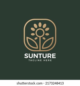 Sun flower in square frame logo. Outline media nature line logo concept. Botanical icon for farm, company, beauty, flourish vector illustration