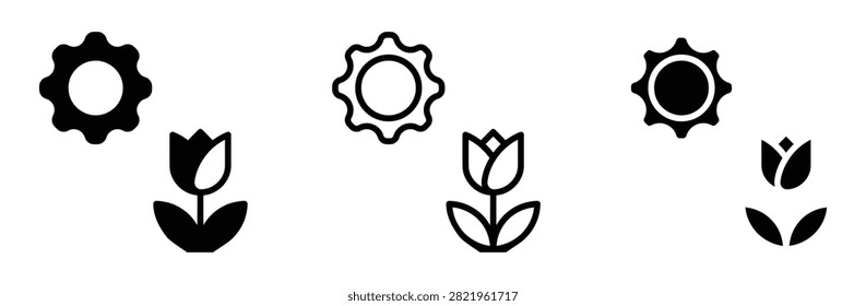Sun and flower vector icon set, spring tulip symbol for summer season weather forecast warm climate nature environment growth garden agriculture farming plant botany, flat linear outline style