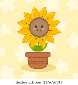 Sun Flower. Yellow Farm Sunflower. House Plant In A Pot. Happy Cartoon Design.