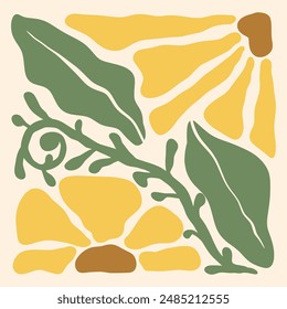 Sun flowers botanical framed Minimal Art Print Hand drawn leaves shapes matisse style, naive art, contemporary background. plant vector illustration