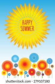 Sun and flowers. Bright book cover design.  Vector illustration.