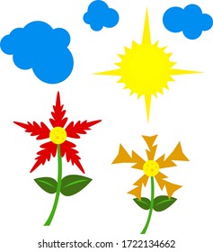 sun flowers and fluffy blue clouds on a white background objects for nature concept design
