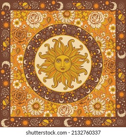 sun with flowers, magical vector illustration, Occult, fortune telling, tapestry