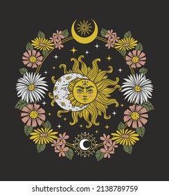 Sun With Flowers And Moon, Magical Vector Illustration, Occult Print For T-shirt