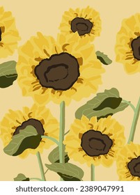 Sonnenblumen Muster auf gelbem Hintergrund für Web-Banner, Business-Präsentation, Branding-Paket, Stoffdruck, Tapete, Social-Media-Post, Doodle, Noten, Buchumschläge, Wanddekor.