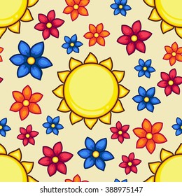 Sun and flowers seamless vector pattern