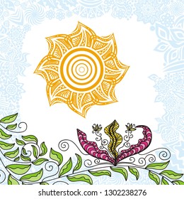 Sun and flowers. Vector illustration