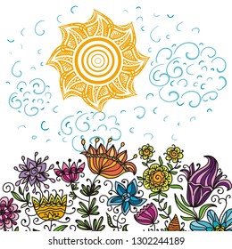 Sun and flowers. Vector illustration