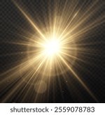 Sun flush with raos or gold spotlyght and boke. Gold lance flares network. Yellow glowing light burst and transparent back ground. Lights flare, star flash light, white sun rays, png. 